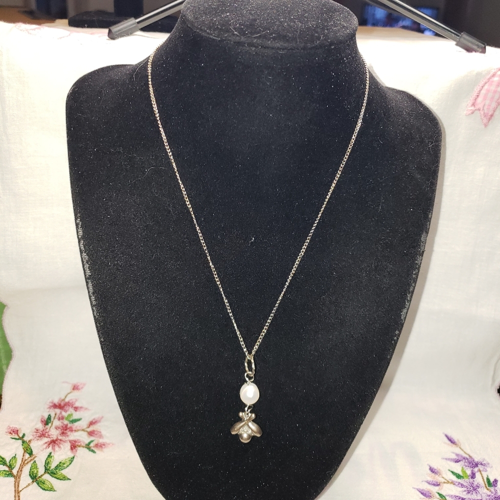 Elegant Vintage Handmade Silvertone Pearl And Bowling Pins Pendant Necklace
